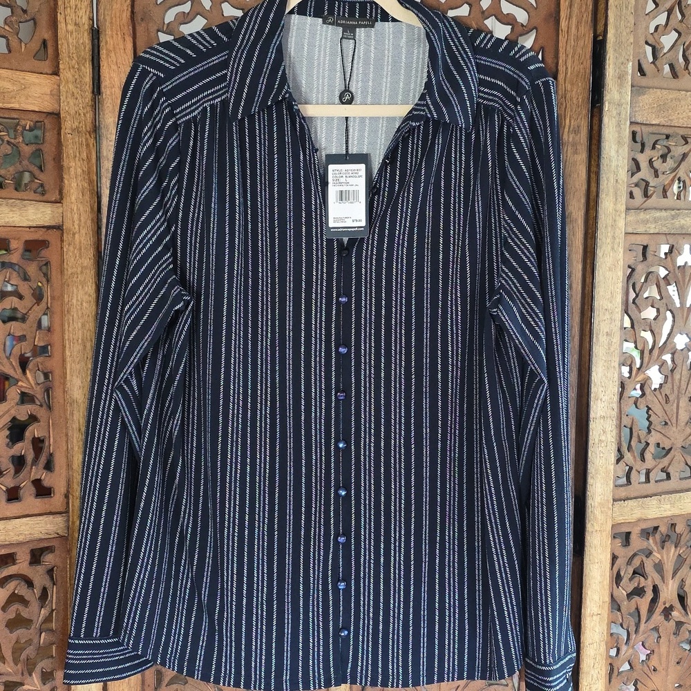 🌟 NWT Adrianna Papell Women's Striped Black Blouse Size L